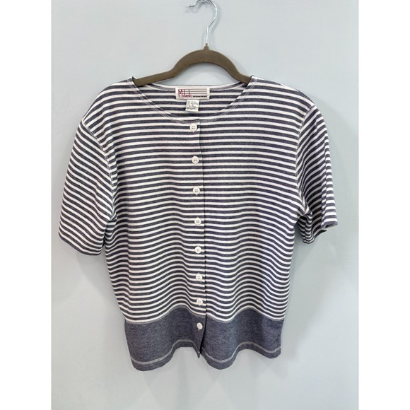Milano Design Group Medium Striped Button Front Top Cotton Blend Blue - Picture 2 of 9